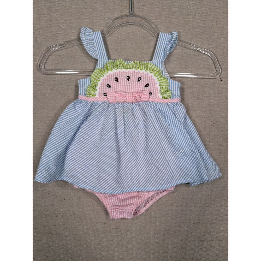 Blueberi Boulevard Baby Girls Watermelon Seersucker Sunsuit Blue Pink 24M